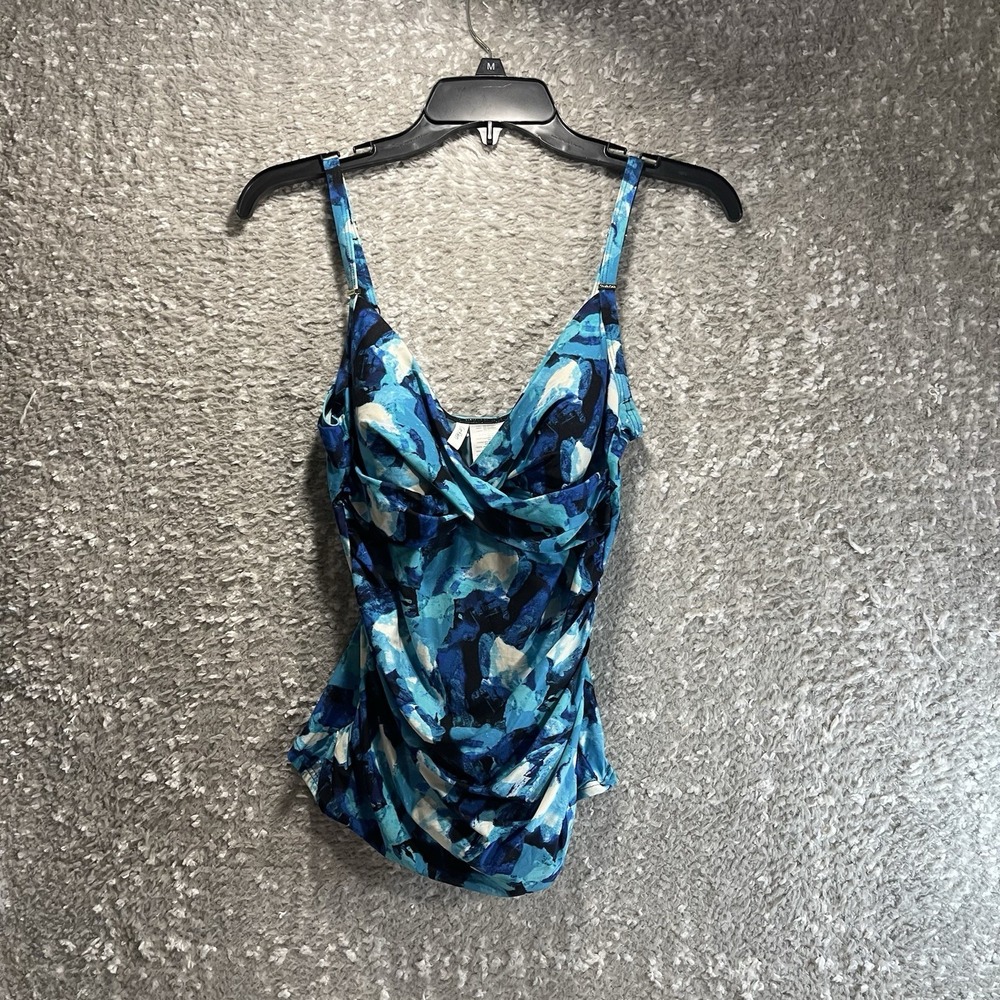 CALVIN KLEIN Ruched Tankini Top Small Blue Tie Dye Slimming Beach Resort